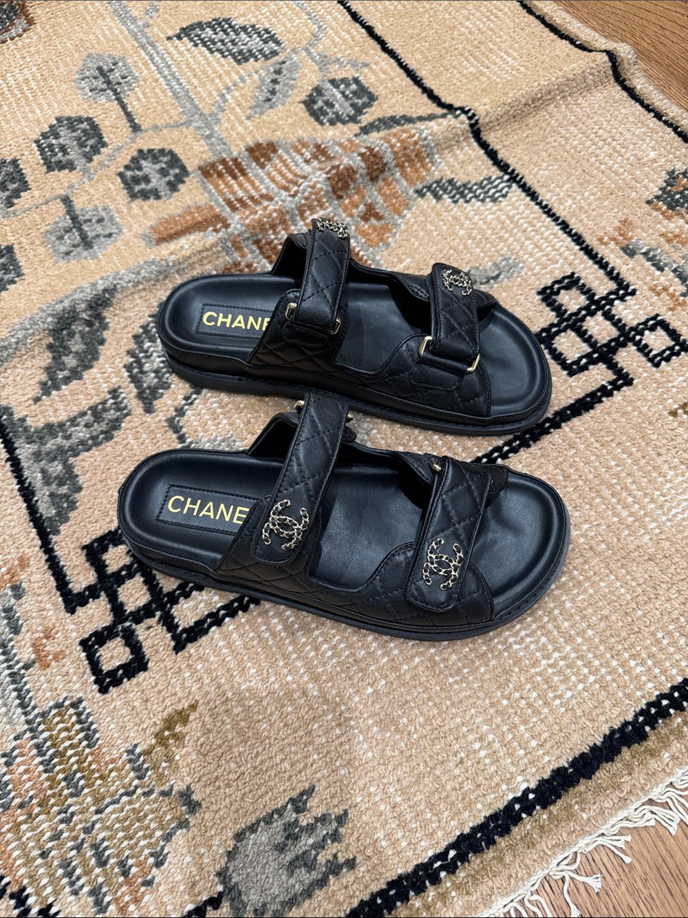 CHANEL Black Quilted Double-Strap Logo Slide Sandals 38